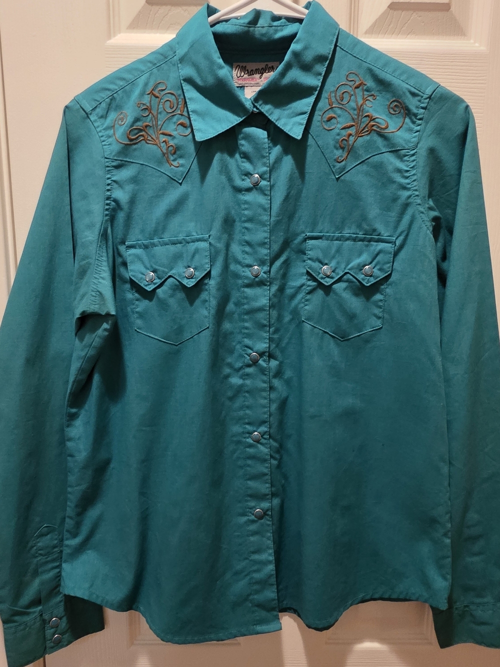 Vintage Wrangler Teal Western Snap Embroidered Shirt M